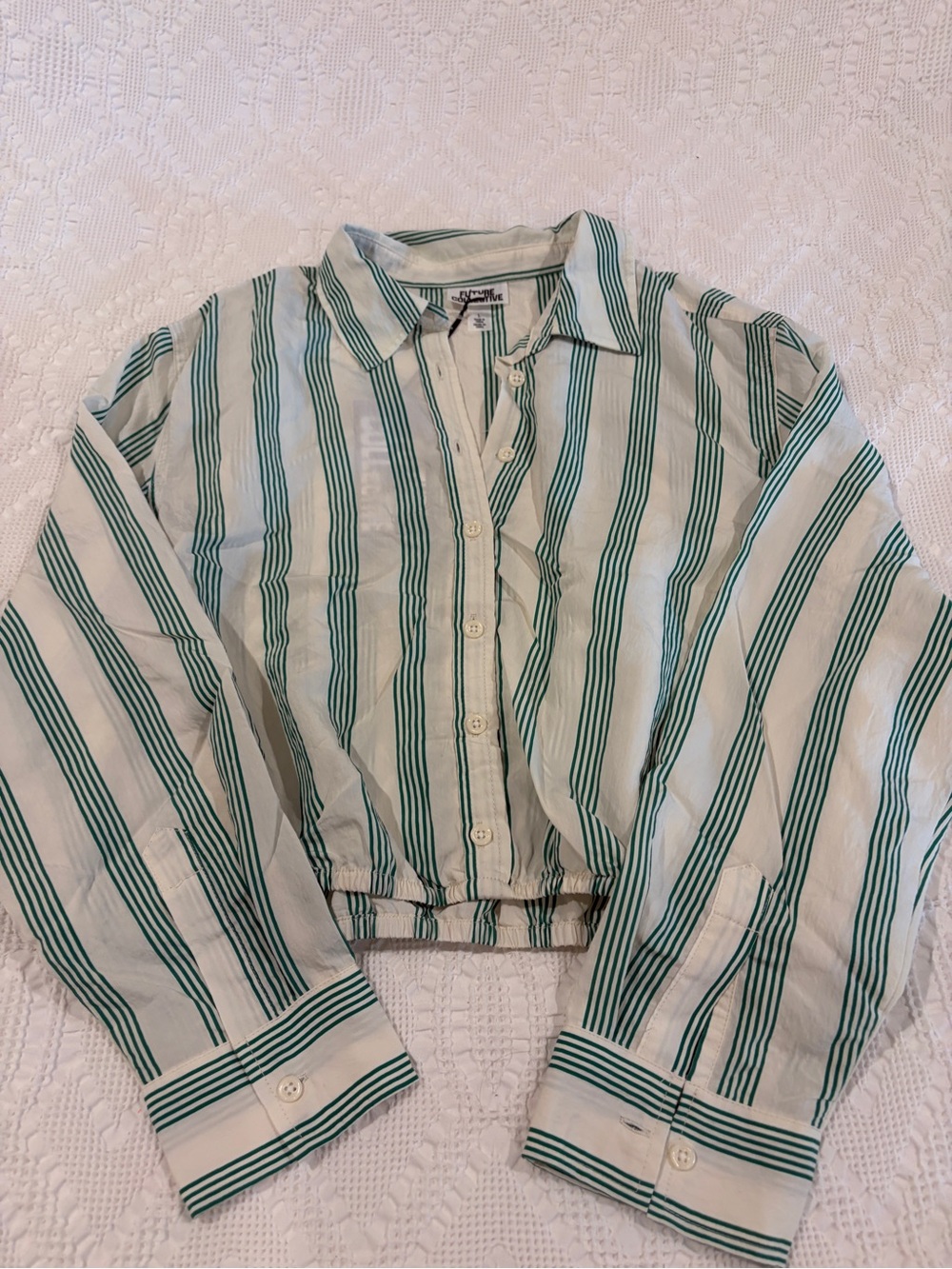 Future Collective Striped Green and White Women’s Cropped Button-Up Shirt, NWT